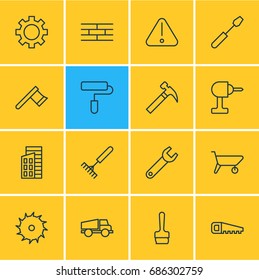 Vector Illustration Of 16 Industry Icons. Editable Pack Of Hacksaw, Handcart, Road Sign Elements.