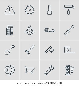 Vector Illustration Of 16 Industry Icons. Editable Pack Of Turn Screw, Hacksaw, Harrow And Other Elements.