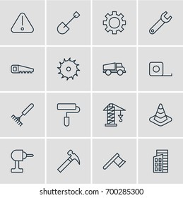Vector Illustration Of 16 Industry Icons. Editable Pack Of Harrow, Measure Tape, Hatchet And Other Elements.
