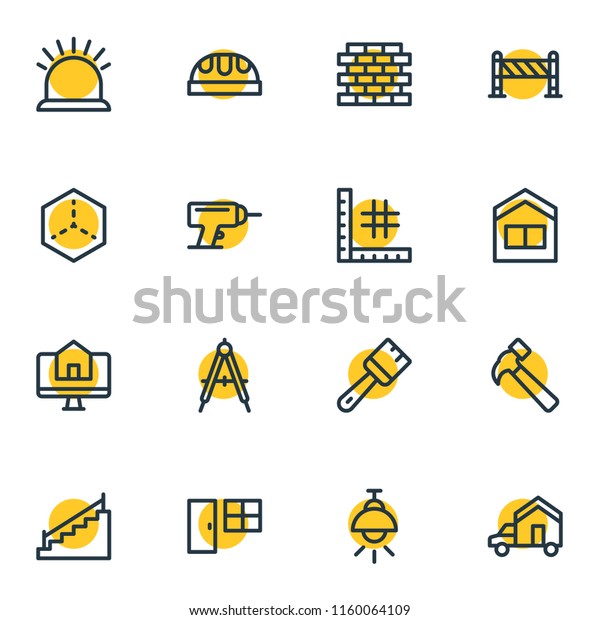 Vector\
illustration of 16 industry icons line style. Editable set of\
security, brick, compass and other icon\
elements.