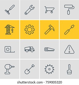 Vector Illustration Of 16 Industry Outline Icons. Editable Set Of Spanner, Spade, Lifting And Other Elements.