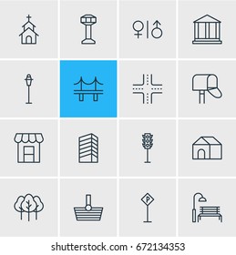 Vector Illustration Of 16 Infrastructure Icons. Editable Pack Of Skyscraper, Road Sign, Bench And Other Elements.