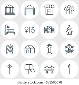 Vector Illustration Of 16 Infrastructure Icons. Editable Pack Of Road Sign, Ferris Wheel, Courthouse And Other Elements.