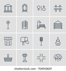 Vector Illustration Of 16 Infrastructure Icons. Editable Pack Of Courthouse, Mail Box, Basket And Other Elements.