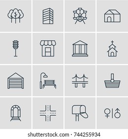 Vector Illustration Of 16 Infrastructure Icons. Editable Pack Of Bench, Mail Box, Skyscraper And Other Elements.