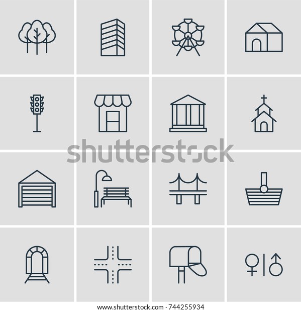 Vector\
Illustration Of 16 Infrastructure Icons. Editable Pack Of Bench,\
Mail Box, Skyscraper And Other\
Elements.