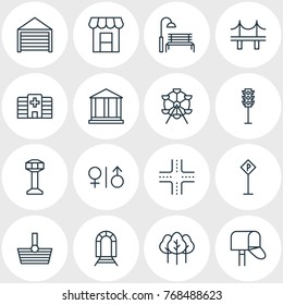 Vector Illustration Of 16 Infrastructure Outline Icons. Editable Set Of Bench, Parking, Semaphore And Other Elements.