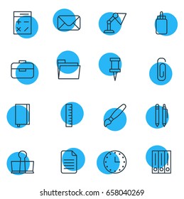 Vector Illustration Of 16 Instruments Icons. Editable Pack Of Copybook, Paint, Dossier And Other Elements.
