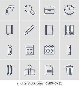 Vector Illustration Of 16 Instruments Icons. Editable Pack Of Binder Clip, Watch, Calculate And Other Elements.