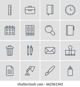 Vector Illustration Of 16 Instruments Icons. Editable Pack Of Copybook, Binder Clip, Portfolio And Other Elements.