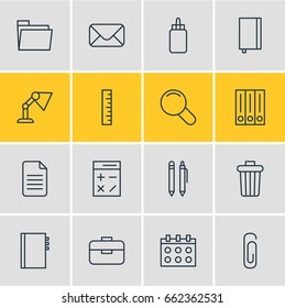 Vector Illustration Of 16 Instruments Icons. Editable Pack Of Meter, Textbook, Archive And Other Elements.