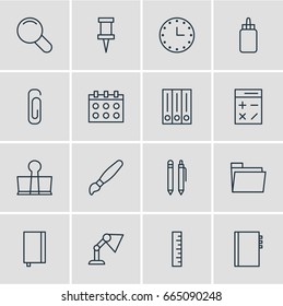 Vector Illustration Of 16 Instruments Icons. Editable Pack Of Meter, Pushpin, Copybook And Other Elements.