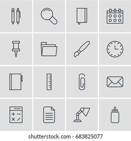 Vector Illustration Of 16 Instruments Icons. Editable Pack Of Calculate, Paperclip, Pushpin And Other Elements.