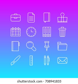 Vector Illustration Of 16 Instruments Icons. Editable Pack Of Portfolio, Binder Clip, Date And Other Elements.