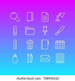 Vector Illustration Of 16 Instruments Icons. Editable Pack Of Folder, Copybook, Dossier And Other Elements.