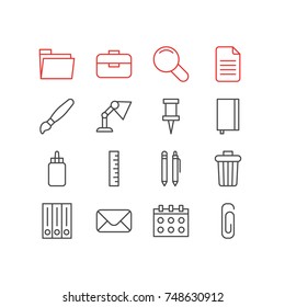 Vector Illustration Of 16 Instruments Icons. Editable Pack Of Adhesive, Paperclip, Dossier And Other Elements.