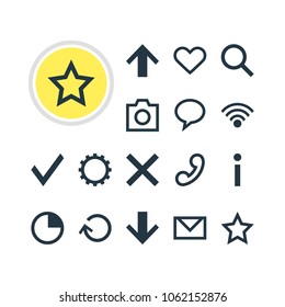 Vector illustration of 16 interface icons. Editable set of gear, camera, star and other icon elements.