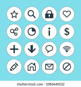 Vector illustration of 16 interface icons. Editable set of write, homepage, information and other icon elements.
