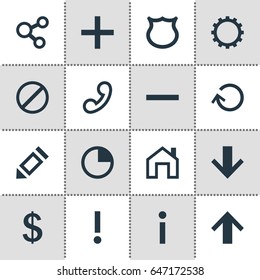 Vector Illustration Of 16 Interface Icons. Editable Pack Of Cogwheel, Access Denied, Minus And Other Elements.
