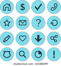 Vector Illustration Of 16 Interface Icons. Editable Pack Of Stopwatch , Emotion, Handset Elements.