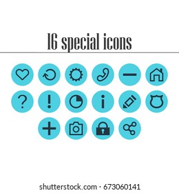 Vector Illustration Of 16 Interface Icons. Editable Pack Of Padlock, Help, Heart And Other Elements.