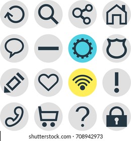 Vector Illustration Of 16 Interface Icons. Editable Pack Of Minus, Mainpage, Pen And Other Elements.