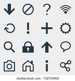 Vector Illustration Of 16 Interface Icons. Editable Pack Of Info, Magnifier, Talk Bubble And Other Elements.