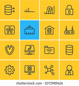 Vector illustration of 16 internet icons line style. Editable set of hosting, security, no connection and other icon elements.