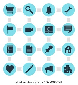 Vector illustration of 16 internet icons. Editable set of alarm, flag, camcorder and other icon elements.