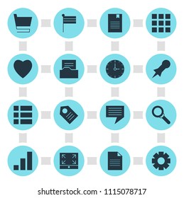 Vector illustration of 16 internet icons. Editable set of flag, shopping cart, document and other icon elements.