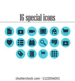 Vector illustration of 16 internet icons. Editable set of home, heart, shopping cart and other icon elements.