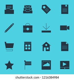 Vector illustration of 16 internet icons. Editable set of document, calendar, download and other icon elements.