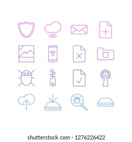 Vector illustration of 16 internet icons line style. Editable set of sdd, approved page, data upload and other icon elements.