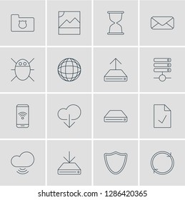 Vector illustration of 16 internet icons line style. Editable set of phone, bug, hourglass and other icon elements.