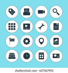 Vector Illustration Of 16 Internet Icons. Editable Pack Of Clock, Document Directory, Document Transfer And Other Elements.