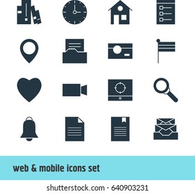 Vector Illustration Of 16 Internet Icons. Editable Pack Of Messages, Bookshelf, Map Marker And Other Elements.