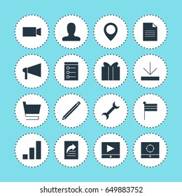 Vector Illustration Of 16 Internet Icons. Editable Pack Of Pen, Increase Chart, Play Button And Other Elements.