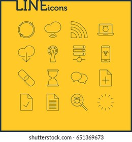 Vector Illustration Of 16 Internet Icons. Editable Pack Of Secure Laptop, Note, Telephone And Other Elements.