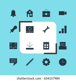Vector Illustration Of 16 Internet Icons. Editable Pack Of Portfolio, Gear, Upload And Other Elements.