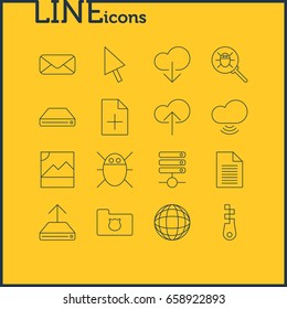 Vector Illustration Of 16 Internet Icons. Editable Pack Of Document Adding, Hard Drive Disk, Fastener And Other Elements.
