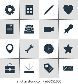 Vector Illustration Of 16 Internet Icons. Editable Pack Of Video Camera, Gear, Settings And Other Elements.