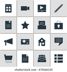 Vector Illustration Of 16 Internet Icons. Editable Pack Of Play Button, Date Time, Document Directory And Other Elements.