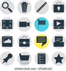 Vector Illustration Of 16 Internet Icons. Editable Pack Of Play Button, Trash, Keyhole And Other Elements.