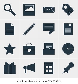Vector Illustration Of 16 Internet Icons. Editable Pack Of Letter, Date Time, Coupon And Other Elements.