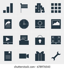 Vector Illustration Of 16 Internet Icons. Editable Pack Of Play Button, Document Directory, Bookmark And Other Elements.