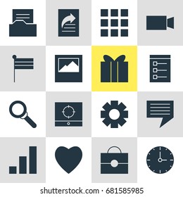 Vector Illustration Of 16 Internet Icons. Editable Pack Of Video Camera, Magnifier, Document Transfer And Other Elements.