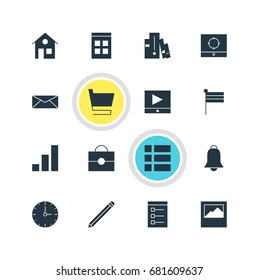 Vector Illustration Of 16 Internet Icons. Editable Pack Of Landscape Photo, Portfolio, Play Button Elements.