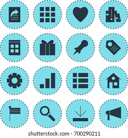 Vector Illustration Of 16 Internet Icons. Editable Pack Of Grid, Coupon, Bookshelf And Other Elements.