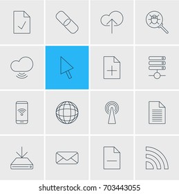 Vector Illustration Of 16 Internet Icons. Editable Pack Of Document Adding, Router, Sheet And Other Elements.