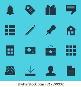 Vector Illustration Of 16 Internet Icons. Editable Pack Of Portfolio, Pen, Gift And Other Elements.